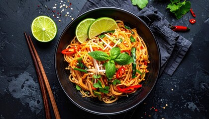 A close-up overhead view of a black bowl filled with delicious Asian noodles, garnished with fresh lime slices, basil, and red chili peppers.