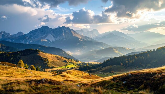 A vast mountain landscape bathed in the warm glow of sunset, with rolling hills, forests, and dramatic clouds. - Powered by Adobe