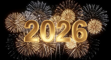 Spectacular Fireworks Display Celebrating the Arrival of 2026 with Glittering Lights and Golden '2026' Text Sparkling Against a Night Sky Background