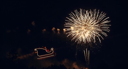 Spectacular Fireworks Display Over a Night Sky with Santa's Sleigh Silhouette for Festive Celebrations and New Year Events