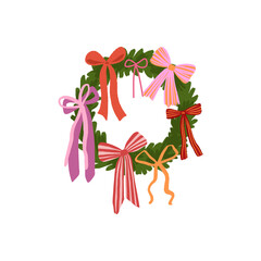 Cute hand-drawn Christmas wreath decorated with playful bows. Festive winter illustration in a soft cartoon style &mdash; perfect for stickers, greeting cards, holiday designs, digital decor, and seasonal c