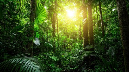 A dense forest landscape with towering trees, ferns, and sunlight streaming through the leaves.