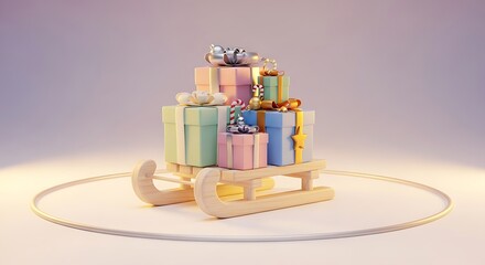 Whimsical Gift Stack on Wooden Sledge with Festive Ribbons and Beads, Holiday Celebration Theme with Soft Pastel Background