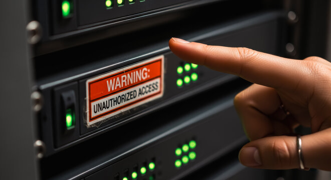 A warning of unauthorized access on a data server, highlighting network security. A close-up view of a hand pointing to a Warning sticker on a server rack.