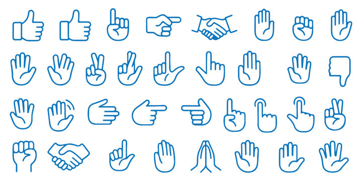 Hand thin line icons set. Hands, gesture icon. Editable stroke. Vector