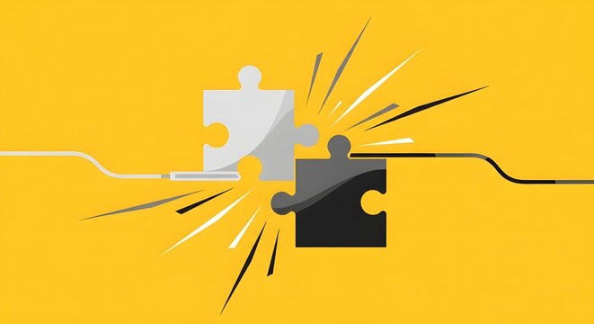Piezas del rompecabezas conectadas entre s&iacute;.
 Dos piezas de un rompecabezas con cables que se unen sobre un fondo amarillo.
 Concepto de resoluci&oacute;n de problemas, soluciones comerciales e ideas.
 Vecto