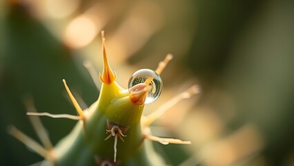 kusudama. Extreme close-up of a cactus spine with a single dewdrop at its tip in morning light. gardening catalogs, home-decor guides, designed for home decor and floral branding.