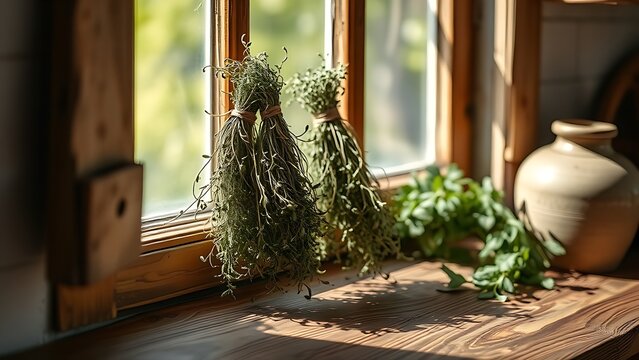 lovage. Rustic kitchen windowsill with bundles of drying lovage herbs on a wooden surface in soft afternoon light. menu design.