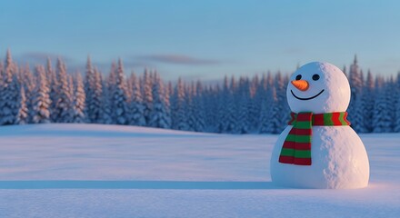Whimsical Snowman in a Serene Winter Landscape with Coniferous Forest Under Clear Sky