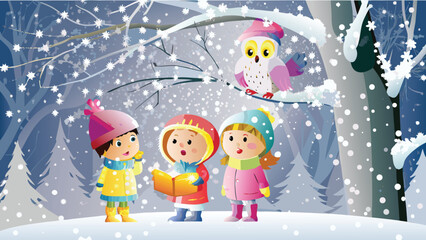 Three diverse children engage in a thoughtful conversation with a wise anthropomorphic snow owl illustrating themes of learning curiosity and intergenerational wisdom