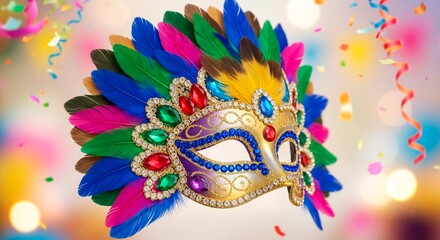 Close up of a colorful feathered mask with jewels against a confetti filled background for celebration
