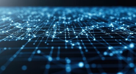 A digital network with blue and white dots forming a grid-like structure, with a blurred background.