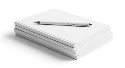 A stack of three white books with a white pen lying on top of the books on a white background plain