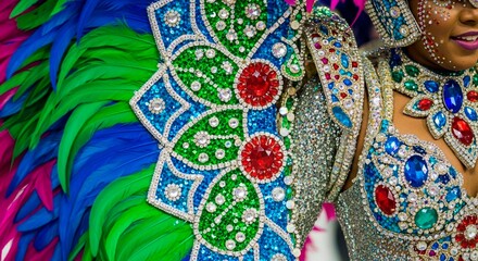 Close up of a carnival costume with feathers and jewels in vibrant colors and intricate designs
