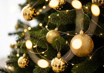 Close up of golden christmas ornaments and lights on a tree isolated on white background