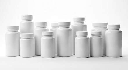 A group of white plastic pill bottles of varying sizes arranged on a white surface in a studio setting