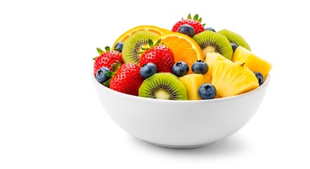 A white bowl filled with a colorful assortment of fresh fruits including strawberries and blueberries