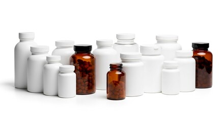 A group of white and amber plastic bottles for pills and supplements on a white background in a studio shot