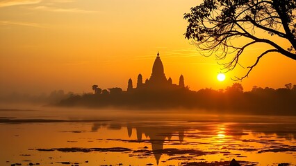 ziggurat. Ziggurat temple silhouette at sunset by a riverbank in misty atmosphere. inspiring travel planning, event programs, designed for cultural heritage projects and event programs.