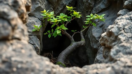 godliness. Young tree growing through rock crevice showing resilience in nature. ESG reports, sustainability campaigns, designed for environmental awareness campaigns, promotes sustainability.