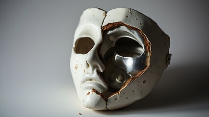 plasm. A broken ceramic mask reveals a metallic surface beneath, symbolic contrast in studio lighting. event programs, museum guides, designed for cultural heritage projects and event programs.