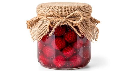 A glass jar filled with red raspberries and covered with burlap and tied with twine on a white background
