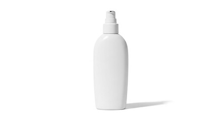A simple white plastic bottle with a pump dispenser on a plain white background casting a soft shadow