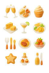Food and drink 3D glassmorphism icon set including cheese, dessert, citrus plate, cocktail glass, fork, spoon and main dish. Ideal for restaurant menus, culinary apps, cooking visuals, and modern food