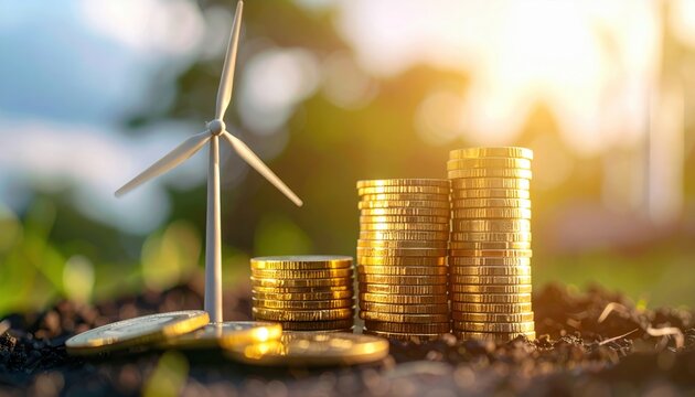A wind turbine beside stacks of gold coins symbolizes sustainable finance and renewable energy investment.