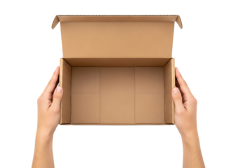Hands holding open empty cardboard shipping box from above isolated on a transparent background cardboard box