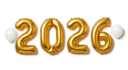 A celebratory arrangement of golden foil balloons forming the year twenty twenty six on white backdrop