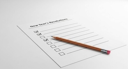 A new year's resolutions list with checkmarks and a pencil lying across the paper on a white surface