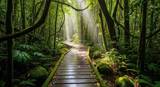 Escape to tranquility with a serene walk through lush rainforest, sunlight filtering through trees on wooden path for nature lovers and mindful travel - Powered by Adobe