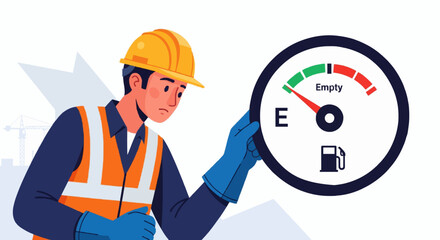 Cartoon construction worker inspecting gas gauge flat vector.