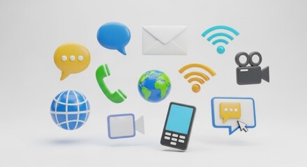 A collection of various communication icons, including a smartphone, a globe, a speech bubble, a video camera, and a speech bubble with a hand icon.
