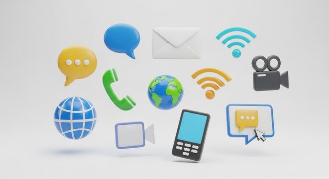 A collection of various communication icons, including a smartphone, a globe, a speech bubble, a video camera, and a speech bubble with a hand icon.