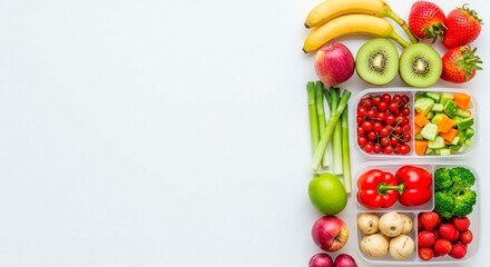 A flat lay of fresh fruits and vegetables arranged on a white surface with plastic containers full