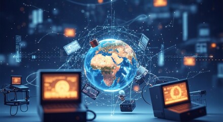 A futuristic cityscape with a globe in the center, surrounded by various technological devices and objects.