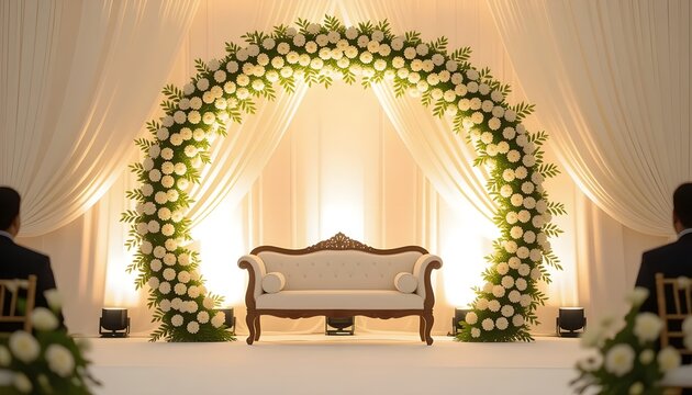 Bangladeshi nikah stage with floral half-moon arch, white roses and elegant drapes