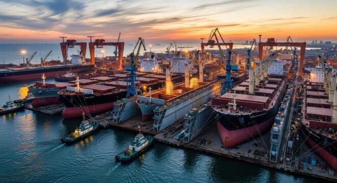 A bustling shipyard with multiple cranes and ships docked, illuminated by the setting sun, with a calm sea and a clear sky in the background.