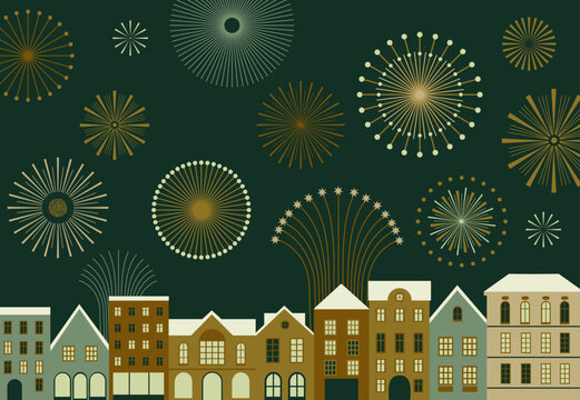 City skyline and fireworks in the night sky