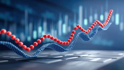 Stable financial abstract data visualization with rising red node line and blue mesh curve