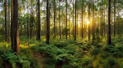Naklejka premium A dense, green forest in the Tasmanian wilderness with towering trees and thick ferns.