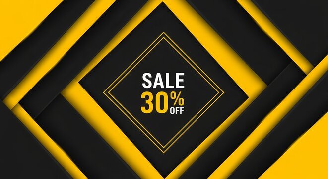 A sale announcement with geometric shapes in yellow and black offering a thirty percent discount