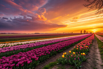 A breathtaking flower field under a golden sunset, ultra-realistic poster style, vibrant colors, no people, cinematic composition