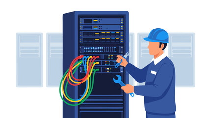 IT technician working on a server rack with cables and tools, representing data center maintenance and network infrastructure management