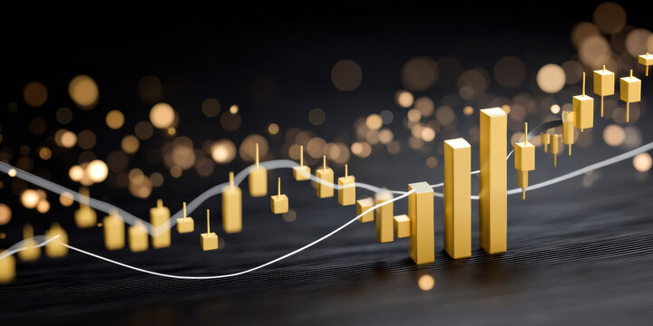 Stable financial golden candlestick chart glowing bokeh lights showing market growth and analysis