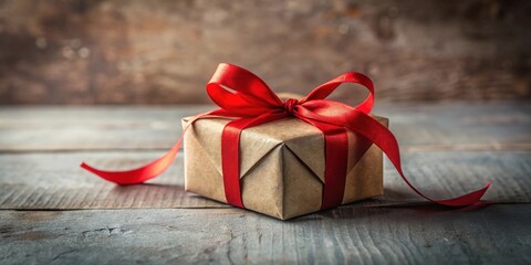 A thoughtfully wrapped gift, tied with a vibrant red ribbon, rests on a rustic wooden surface, conveying a message of celebration and warmth.