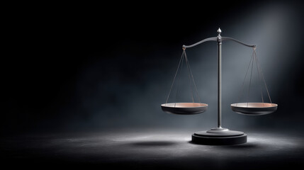 Stable financial courtroom balance scale under dramatic light conveying justice and equilibrium
