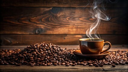 Aromatic Coffee Beans and a Steaming Cup on Rustic Wooden Surface